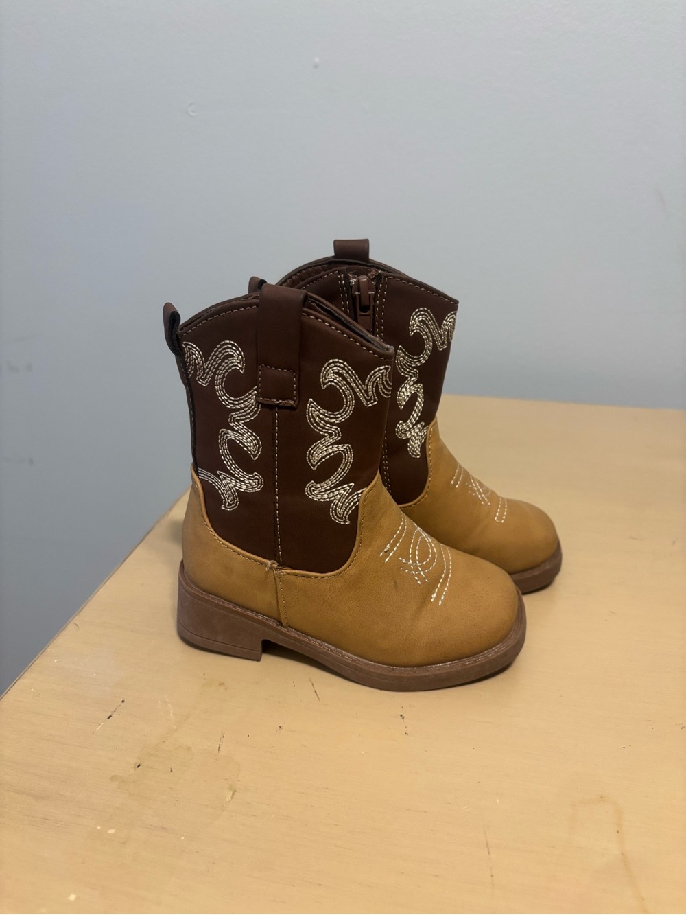Tan and Brown Kids' Western Boots with Embroidered Detailing